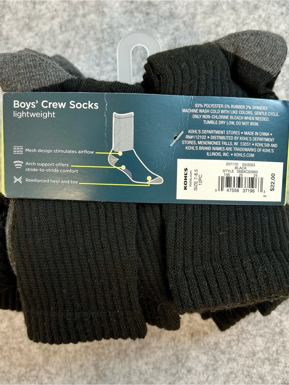 New 12 Pack Boys Tek Gear Calf Length Black Crew Socks Shoe Size 9-3 1/2